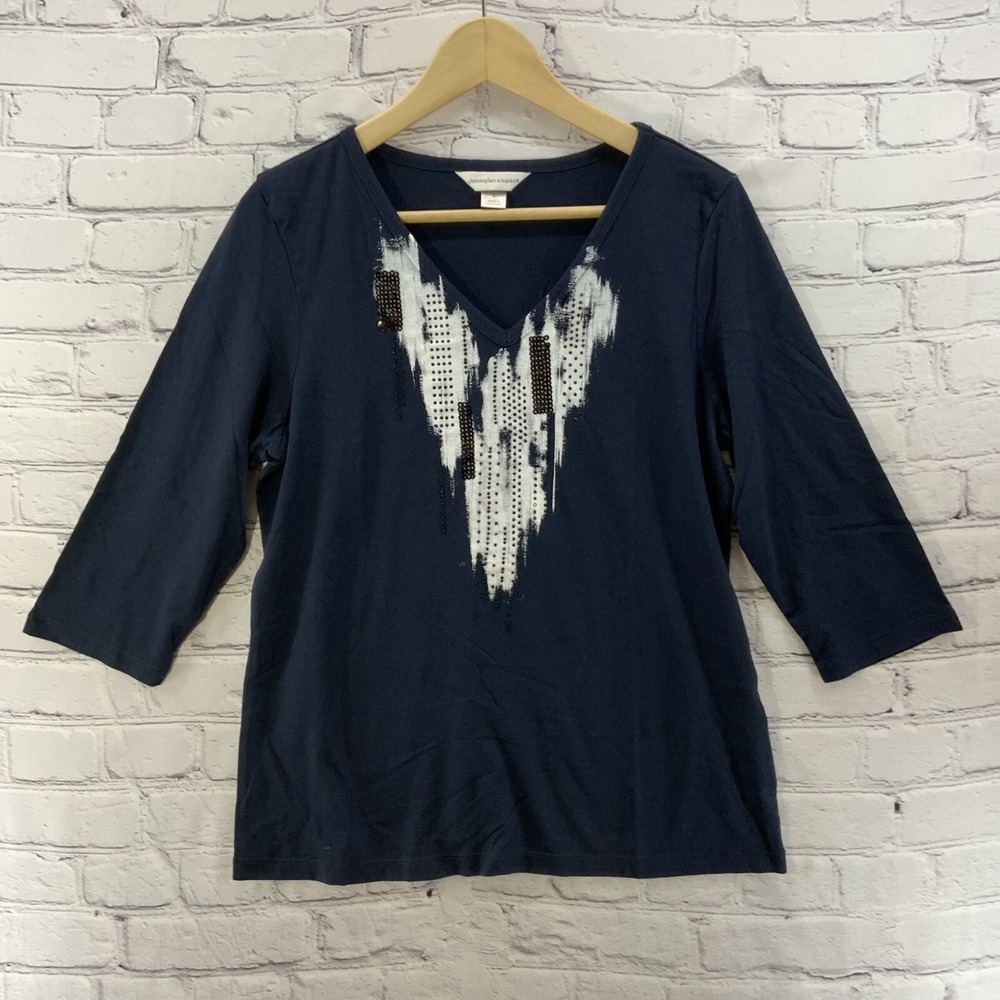 Christopher Banks Blouse Womens‎ Sz L Navy Blue V Neck